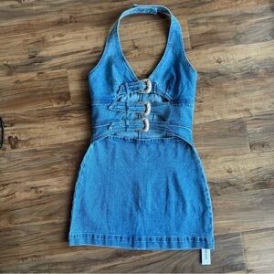 Commense Blue Denim Halter Mini Dress with Buckle Accents